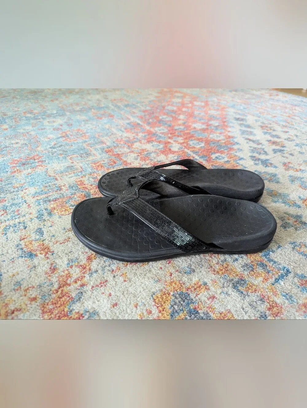 Vionic Tide SQ Black Sequin Orthaheel Orthotic Flip Flop Sandals Women's 8